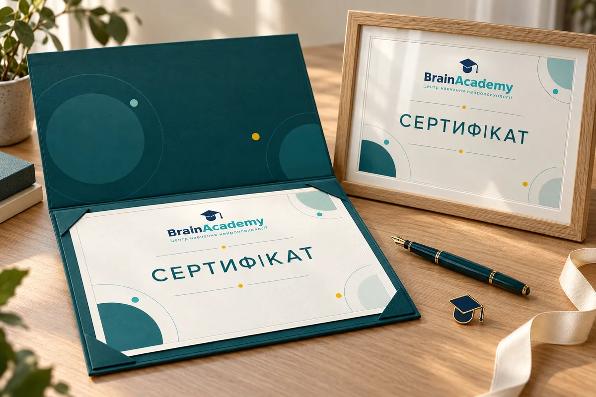 Візуалізація сертифіката BrainAcademy у фірмовому оформленні